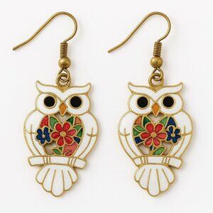 Vintage Stefano Cloisonné Enamel Owl Dangle Earrings Colorful Florals, Gold